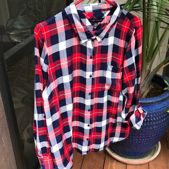 Tommy Hilfiger Tops - TOMMY HILFIGER | Plaid Roll-Sleeve Blouse - XL